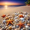 Sandy beach with starfish seashells and pebbles