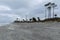 Sandy beach on a stormy day, sparse trees, dark clouds, and heavy surf