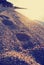 Sandy beach at sunset with footprints on the sand; faded, retro style