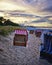 Sandy beach and traditional wooden beach chairs on island RÃ¼gen, Northern Germany, on the coast of Baltic Sea. Binz