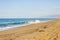 Sandy beach view of wave swell and break, seaweed and seagull, against horizon