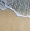 The sandy beach, yellow wet sand and ocean wave, wave with a foam border against the background of the yellow wet sandy beach