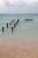 Sandy coast, destroyed pier and boat. Anse de Sent-An, Pointe-a-Pitre, Guadeloupe
