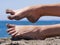 Sandy crazy woman toes on the beach