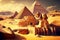 sandy desert with historical monuments and egyptian pyramids of pharaoh