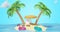 Sandy island with palm trees, sun lounger umbrella. Travel on summer holidays.