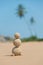 Sandy man at ocean beach against blue sky and palms