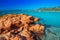 Sandy Palombaggia beach with red rocks, pine trees and azure clear water, Corsica, France, Europe.