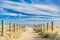 A sandy path between grassy dunes