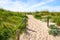 A sandy pathway delimited by wooden posts on a sand dune covered with wild grasses