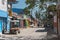 Sandy road with tourists and stalls on Holbox Island, Quintana R