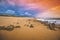 Sandy rocky seashore with dramatic cloudy sky