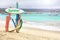 Sandy shore of blue ocean and surfboard signpost. Beach of Bali