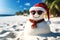 Sandy snowman. Creative Xmas and New Year banner. Imitation of sandy Christmas snowman in red santa claus hat and sunglasses at
