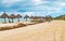 Sandy street and windy cloudy beach sandbank on Holbox Mexico