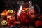 sangria from fresh fruits and berries in a glass jug with ice. summer fruit cocktail. AI generative