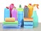 Sanitary,detergent bottles and sponges closeup.Group of household products.Domestic desinfectant