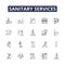 Sanitary services line vector icons and signs. Sanitation, Cleanliness, Sewerage, Waste, Disposal, Lavatories, Drains