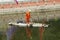 Sanitation workers in the river clean up garbage