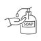 Sanitizer with hands. Liquid soap. Simple design. Line vector. Isolate on white background