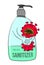 Sanitizer VS coronavirus inspiring cartoon, grotesque vector illustration