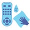 Sanitizing of TV remote. Cleaning remote control, color blue vector icon. Disinfection of TV clicker using antibacterial napkin.