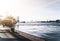 Sankt Pauli piers and waterfront in Hamburg in eary morning sunlight