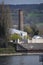 Sankt Sebastian, Germany - 04 20 2021: Rhine harbor with a chimney, Neuwied