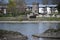 Sankt Sebastian, Germany - 04 20 2021: Waterfront of Engers with an old tower