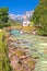 Sankt Sebastian pilgrimage church with alpine turquoise river alpine landscape view, Ramsau