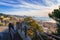 Sanremo or San Remo, Italian Riviera, Liguria, Italy. Sunset cityscape, top view of the city and sea, outdoor travel background