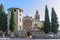 Sant Cugat del Valles- Catalonia, SPAIN - 10/23/2020: view of the main facade of the romanesque monastery