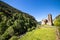 Sant Joan de Caselles Canillo, Andorra with beautiful hills surrounding it. Romanesque church build in the 12th century