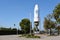 SANTA ANA, CALIFORNIA - 14 OCT 2019: A Delta III Rocket in the parking lot of The Discovery Cube Orange County, a science museum