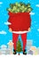 Santa and bag of money. Christmas gift cash. Red sack with dollars