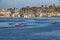 Santa Barbara, California. August 13 2022 - View of people kayaking near Stearn\\\'s Wharf in the early morning