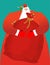 Santa with big bag of gifts. Red sack with toys and sweets. Christmas elf helpers. Character for new year. Postcard and poster