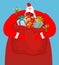 Santa with big bag of gifts. Red sack with toys and sweets. Christmas elf helpers. Character for new year. Postcard and poster