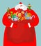 Santa with big bag of gifts. Red sack with toys and sweets. Christmas elf helpers. Character for new year. Postcard and poster