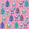 Santa, bunny and Christmas tree pattern on pink background. Christmas and new year seamless pattern.