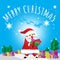 Santa Carry Gift and Merry Christmas Blues Background Tree Cartoon