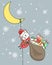 Santa cat with gifts is climbing the moon