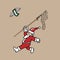 Santa chasing flying banknote by net cartoon