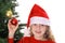 Santa child showing ornaments on tree