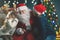 Santa and children around the decorated Christmas tree. Wishes list