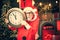 Santa Claus with alarm clock. Happy Christmas Santa with clock. Santa make funny face and holding clock showing five