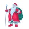 Santa Claus with bag behind his back and staff.