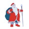 Santa Claus with bag behind his back and staff.