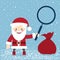 Santa Claus with a bag of gifts and holding a magnifying glass