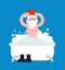 Santa Claus in bath. Christmas grandfather washes in bathroom. N